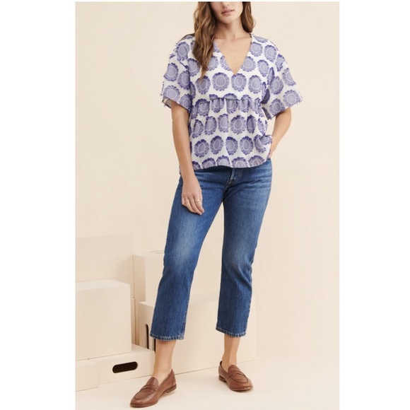 Anthropologie Maeve Floral Sunburst Surplice Peplum Blouse Boho Blue XS - Picture 11 of 11